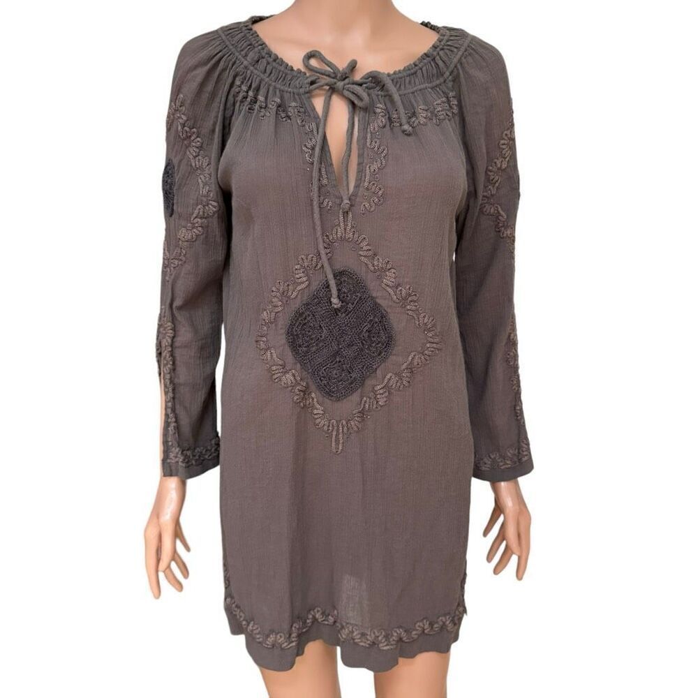 Joie Dress Womens XS Taupe Long Sleeve Lightweight Crochet Bohemian Boho Tunic